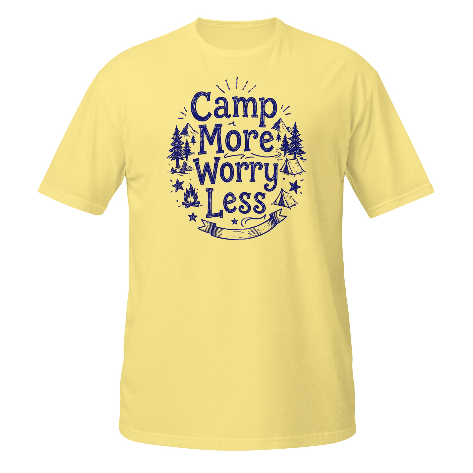 Camp More, Worry Less Tee - Sketchline Tees blue ink doodle T-shirt