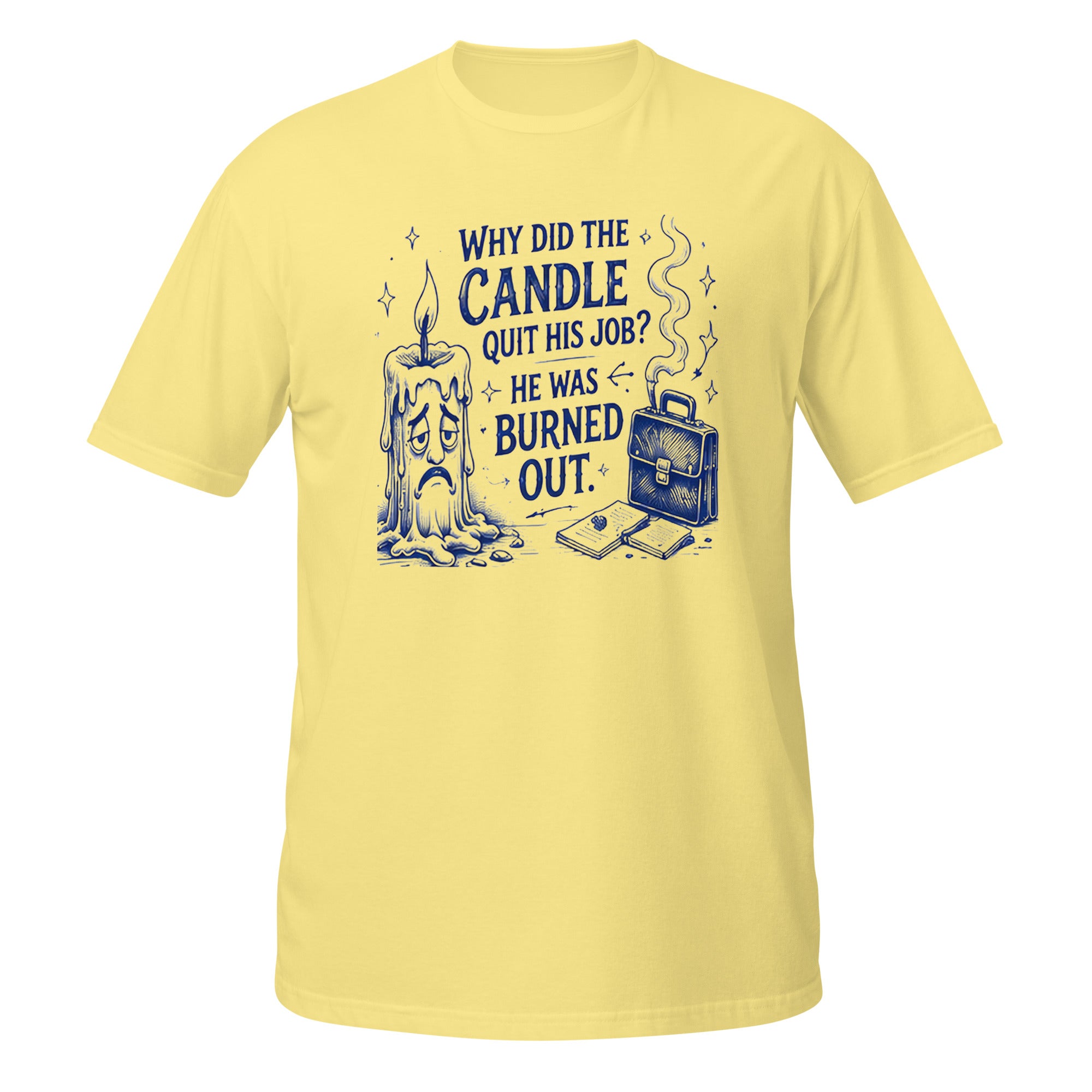 Why Did the Candle Quit His Job Tee - Sketchline Tees blue ink doodle T-shirt