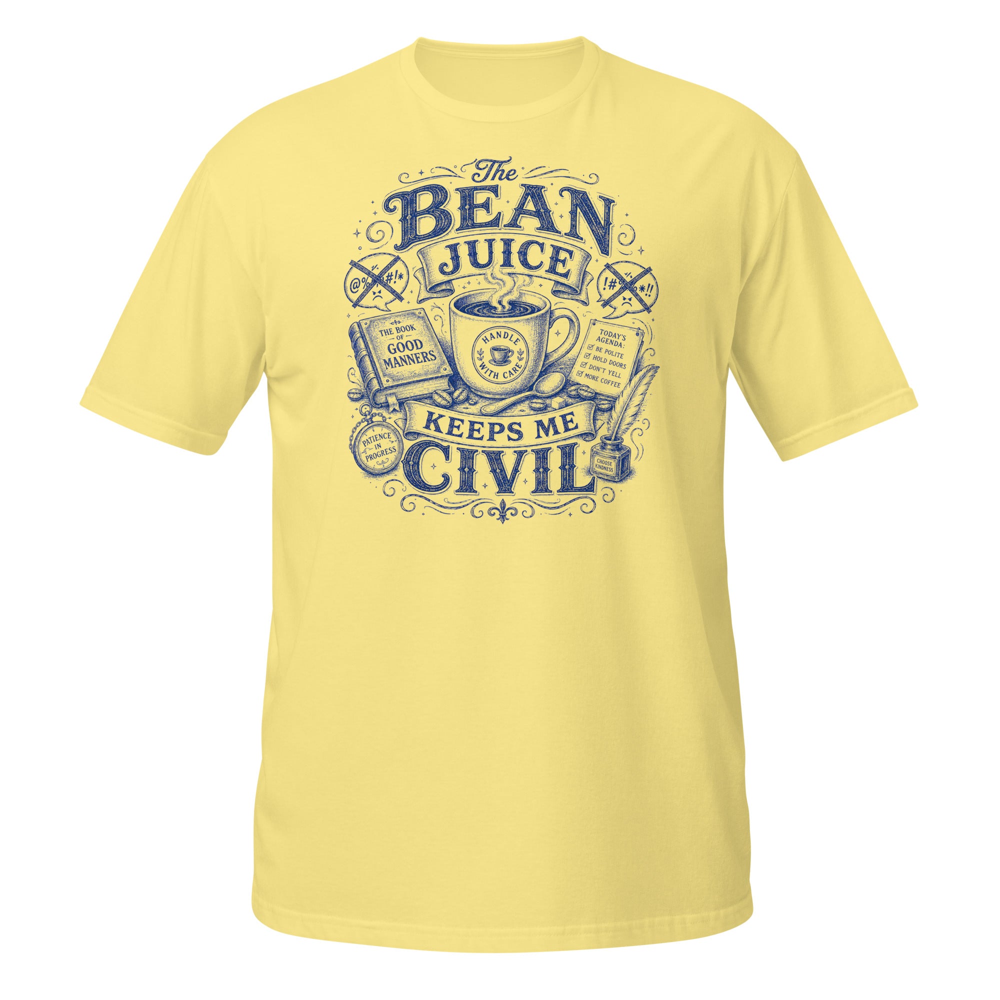 The Bean Juice Keeps Me Civil Tee - Sketchline Tees blue ink doodle T-shirt