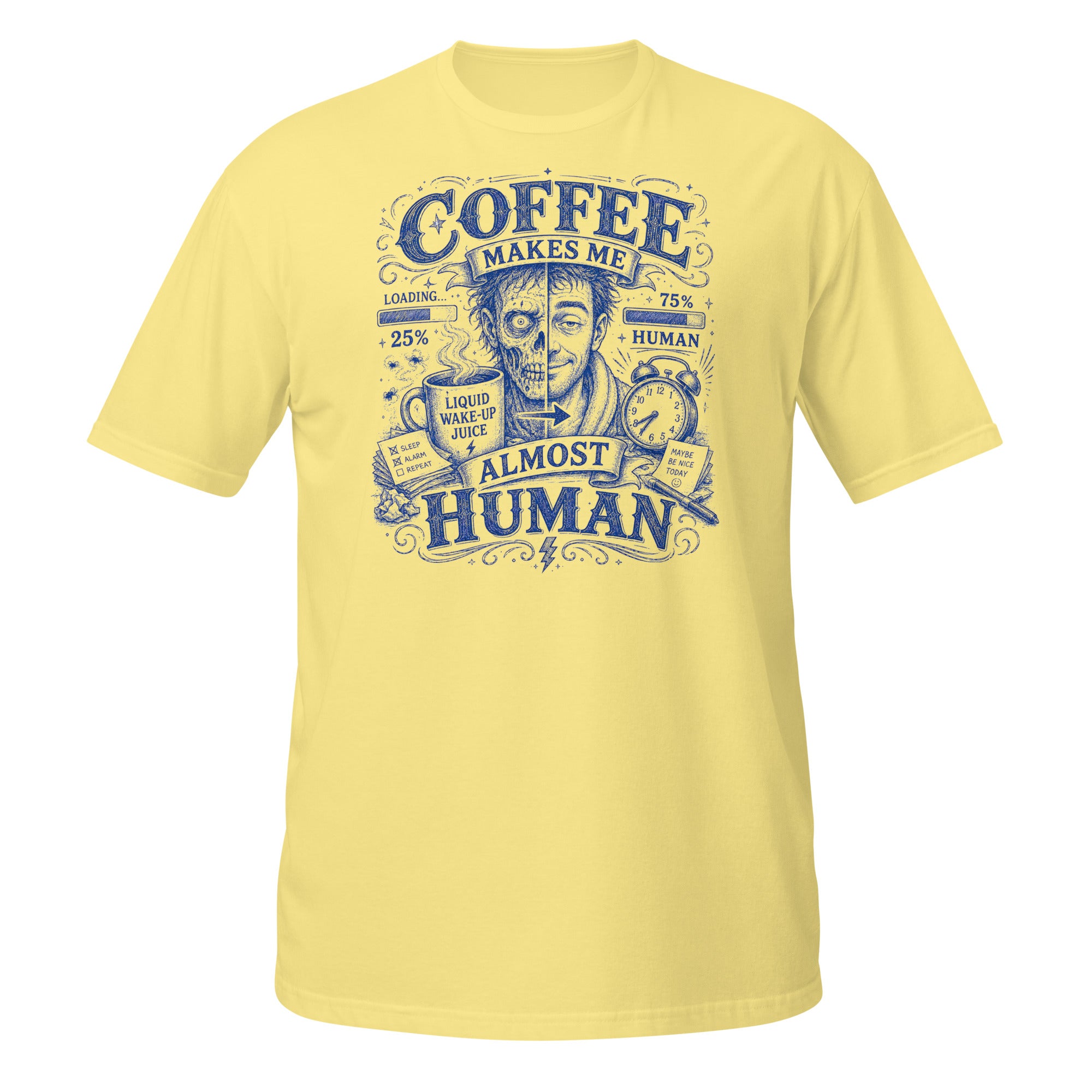 Coffee Makes Me Almost Human Tee - Sketchline Tees blue ink doodle T-shirt