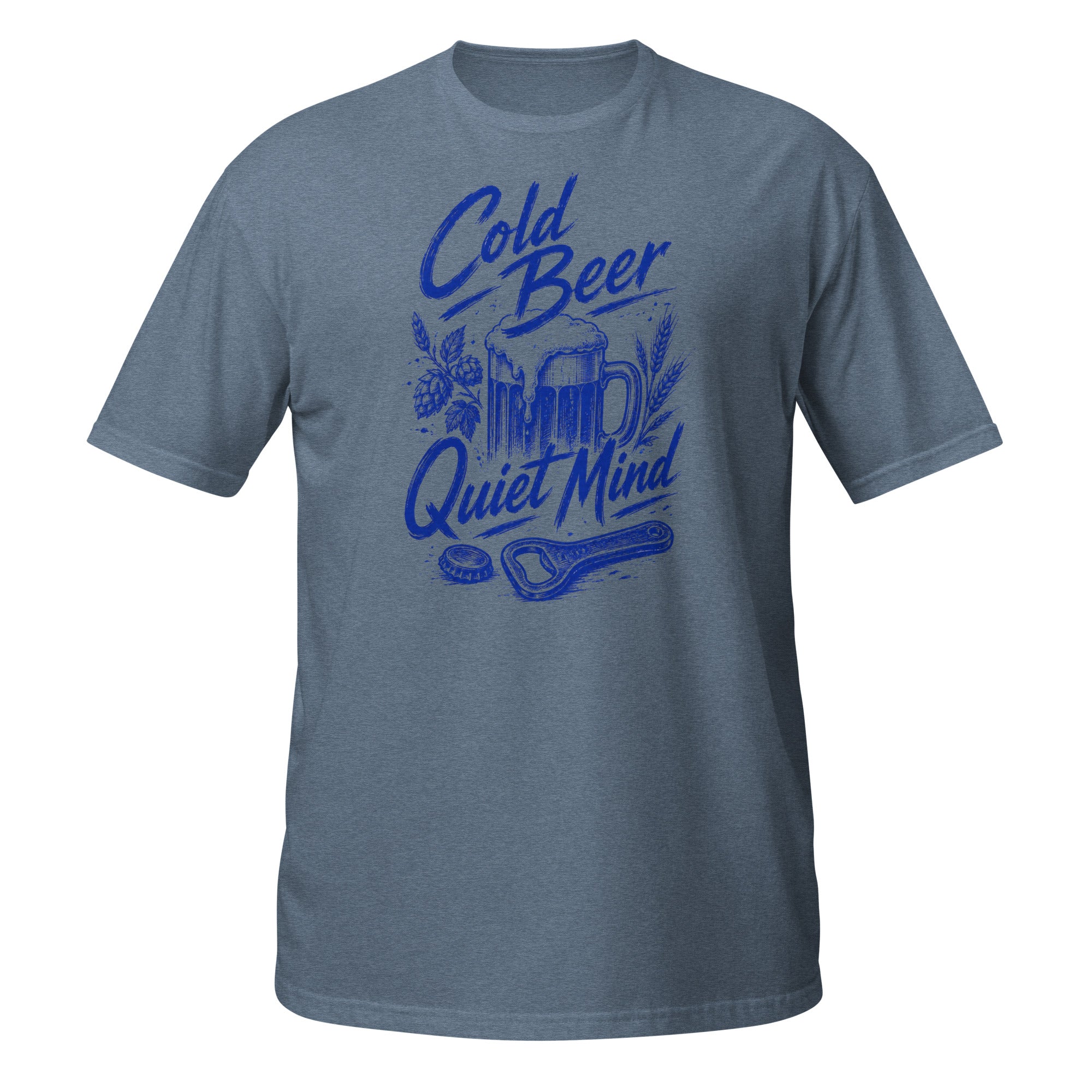 Cold Beer, Quiet Mind Tee - Sketchline Tees blue ink doodle T-shirt