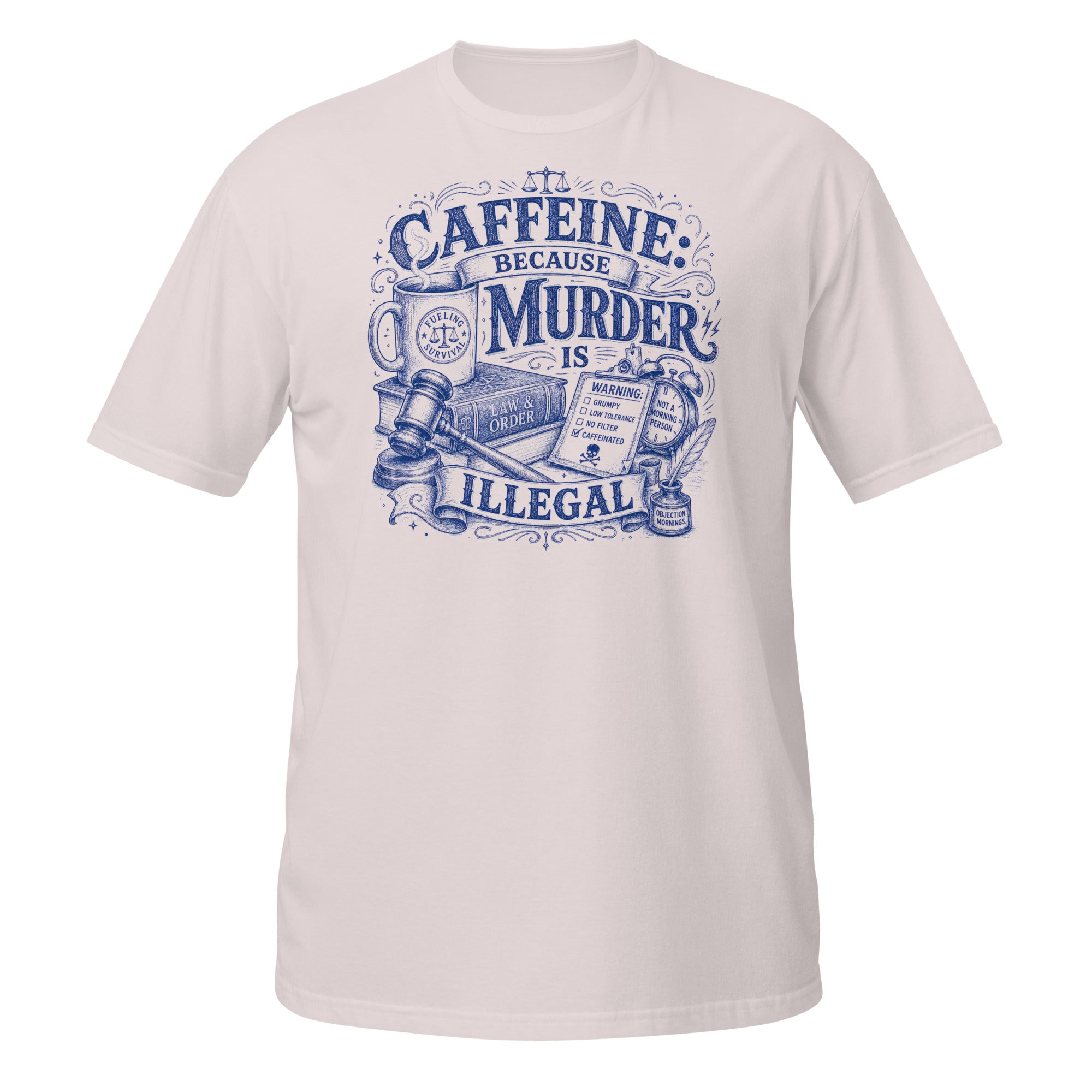 Caffeine: Because Murder Is Illegal Tee - Sketchline Tees blue ink doodle T-shirt