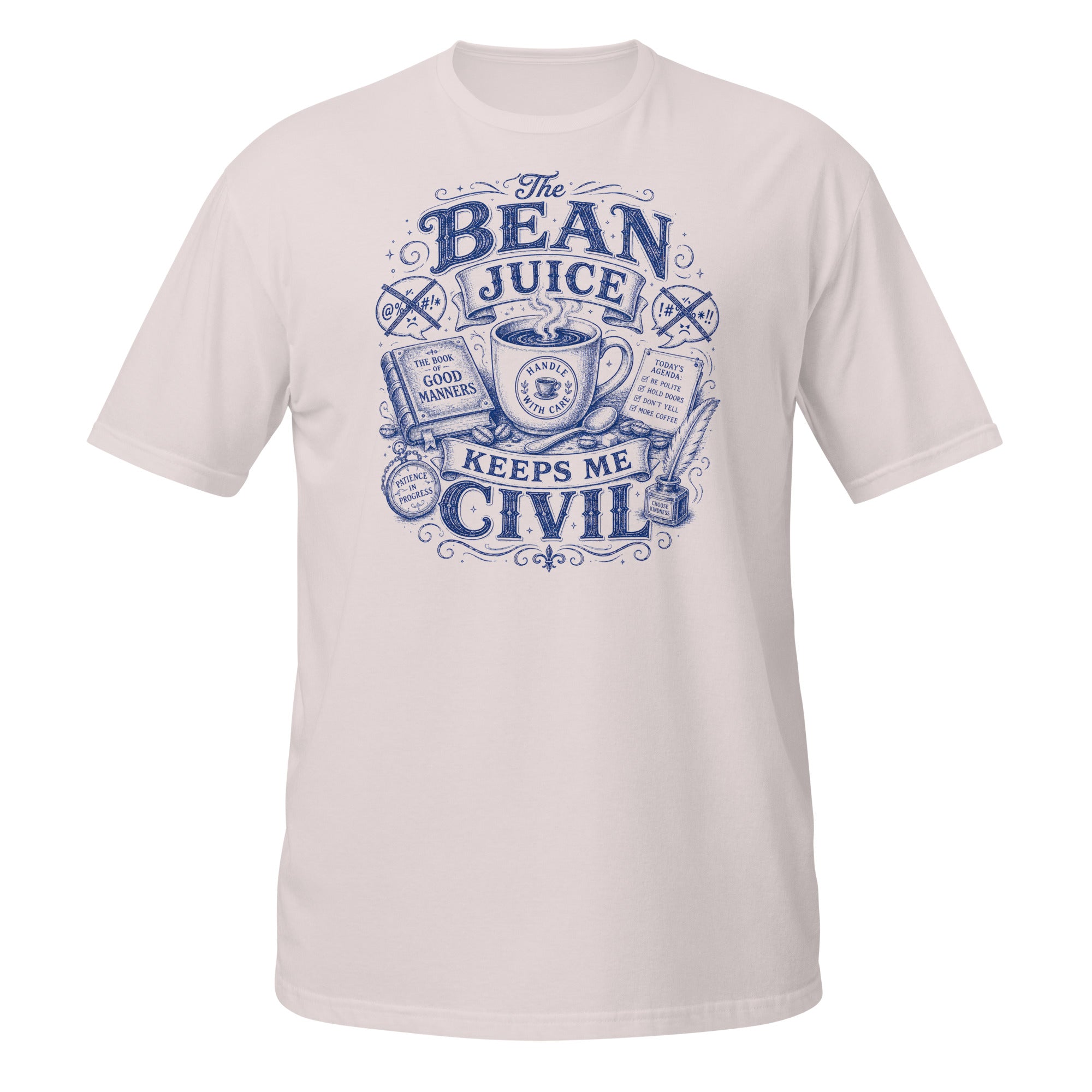 The Bean Juice Keeps Me Civil Tee - Sketchline Tees blue ink doodle T-shirt