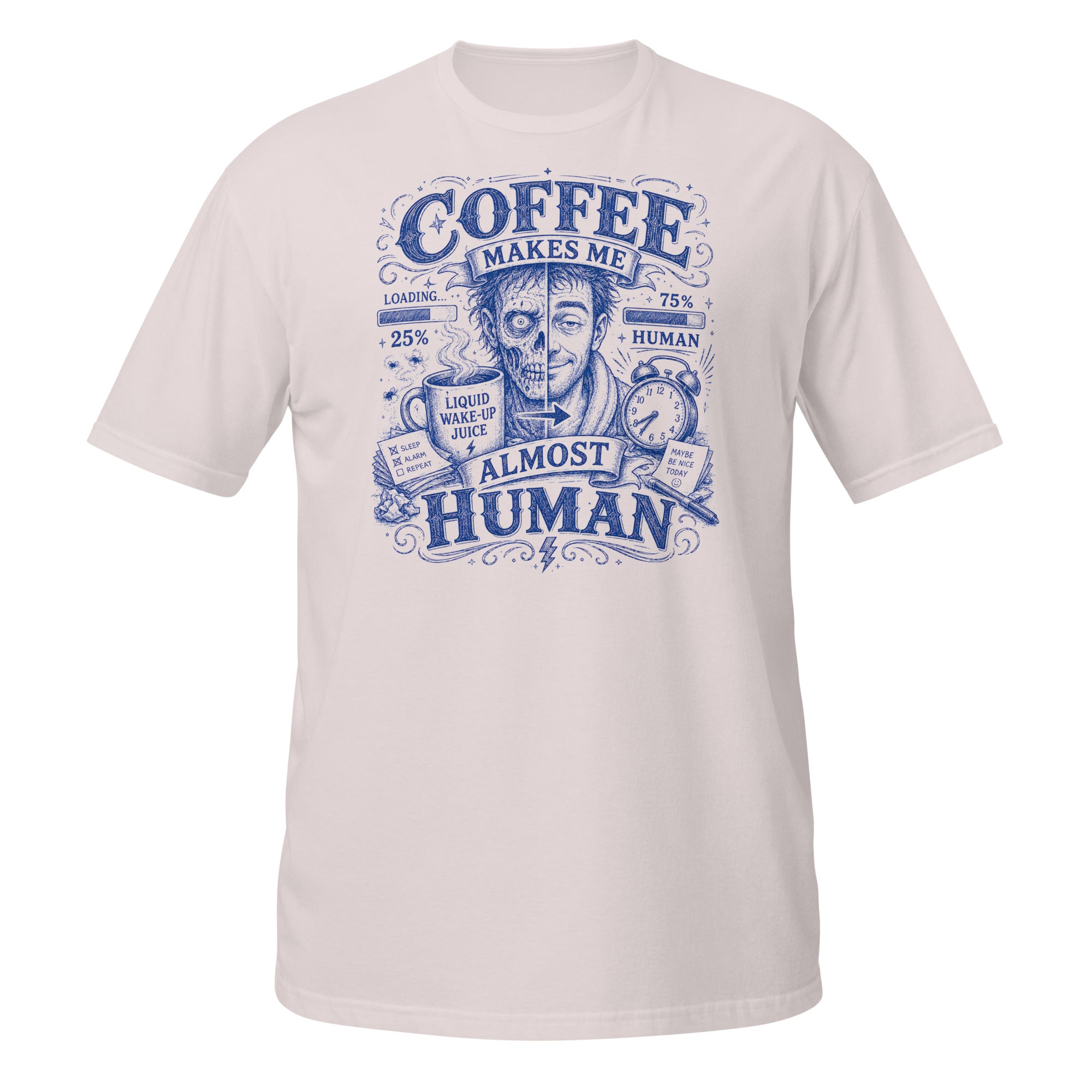 Coffee Makes Me Almost Human Tee - Sketchline Tees blue ink doodle T-shirt