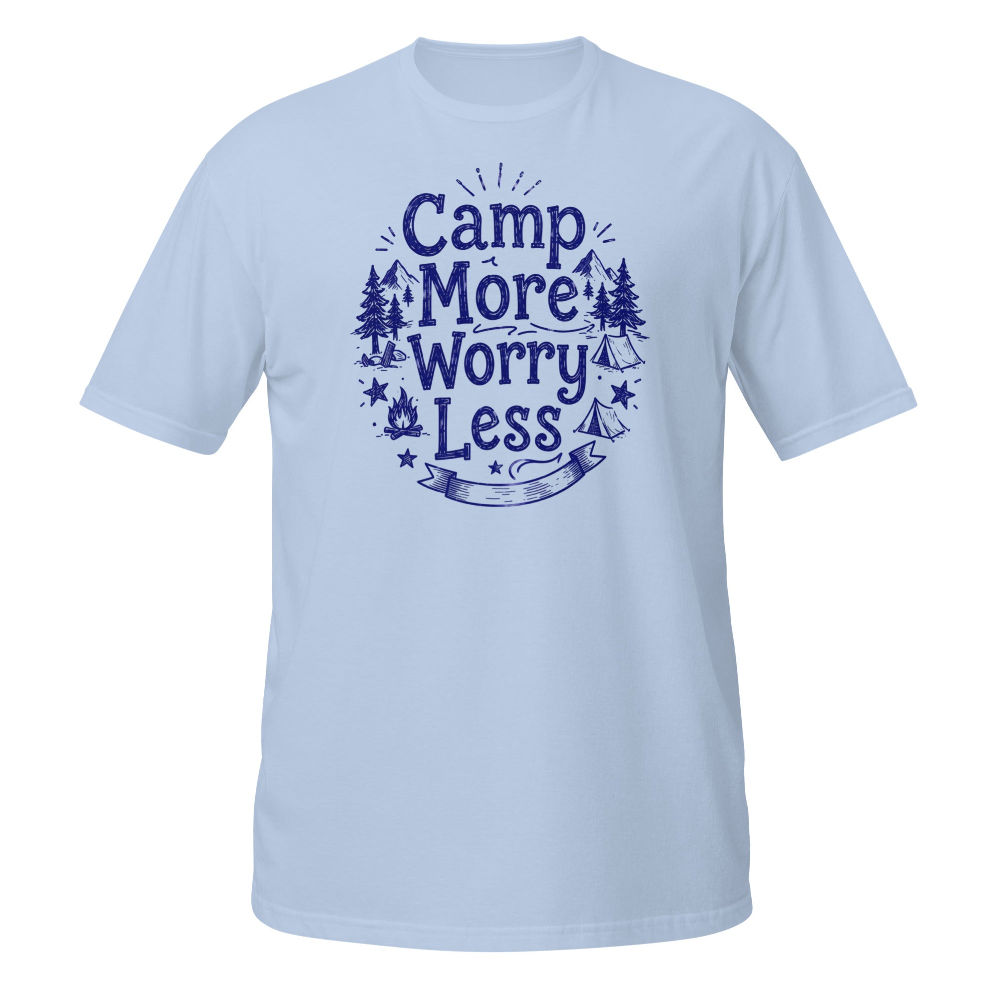 Camp More, Worry Less Tee - Sketchline Tees blue ink doodle T-shirt
