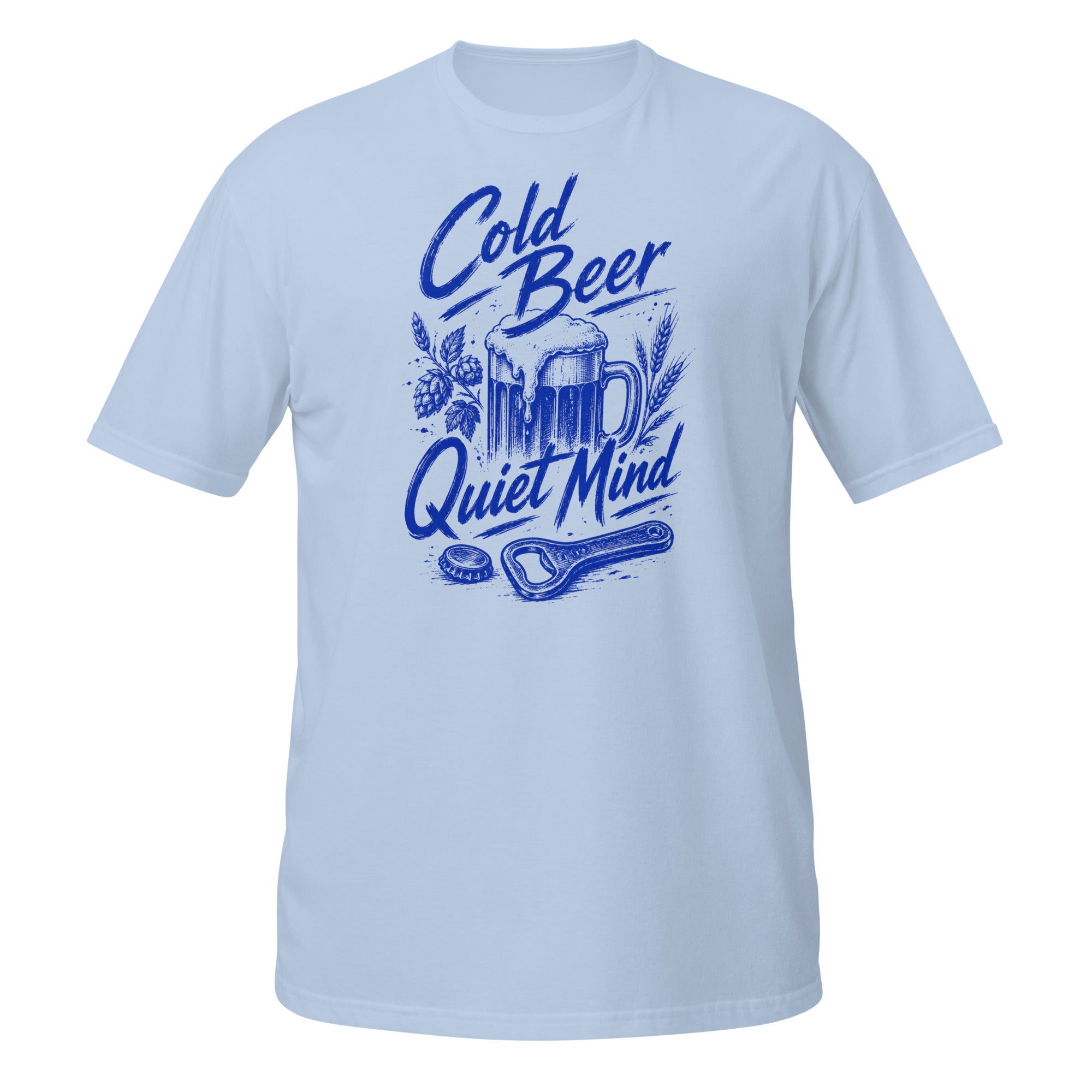 Cold Beer, Quiet Mind Tee - Sketchline Tees blue ink doodle T-shirt