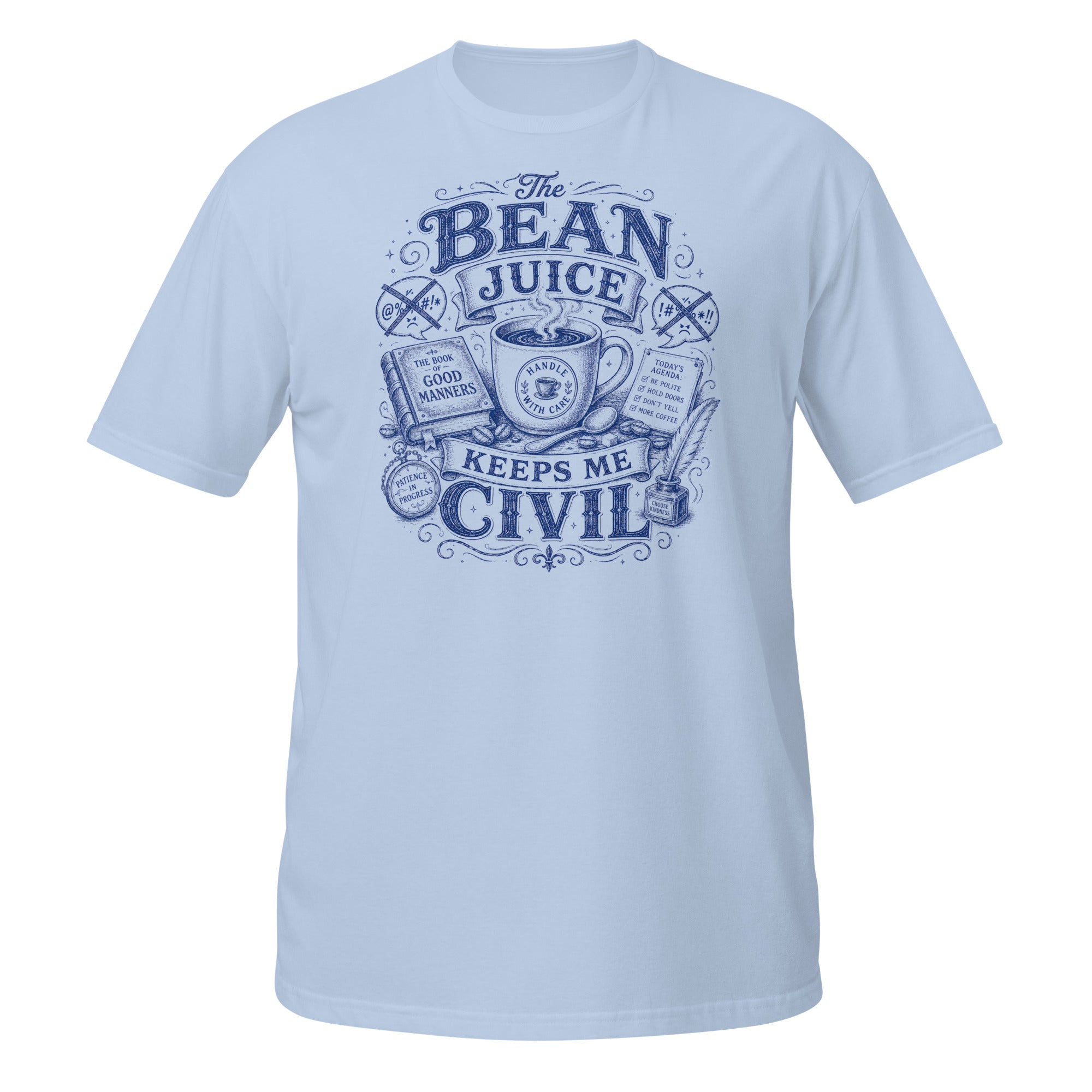 The Bean Juice Keeps Me Civil Tee - Sketchline Tees blue ink doodle T-shirt