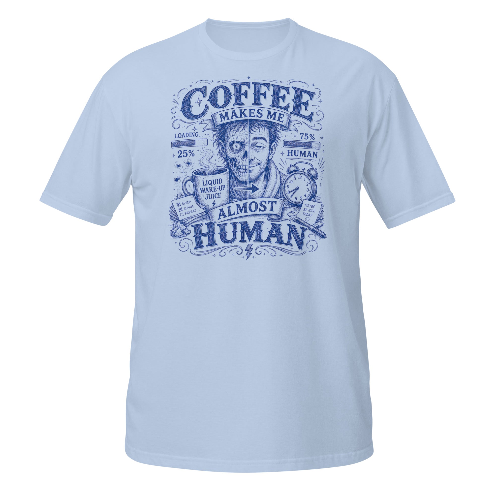Coffee Makes Me Almost Human Tee - Sketchline Tees blue ink doodle T-shirt