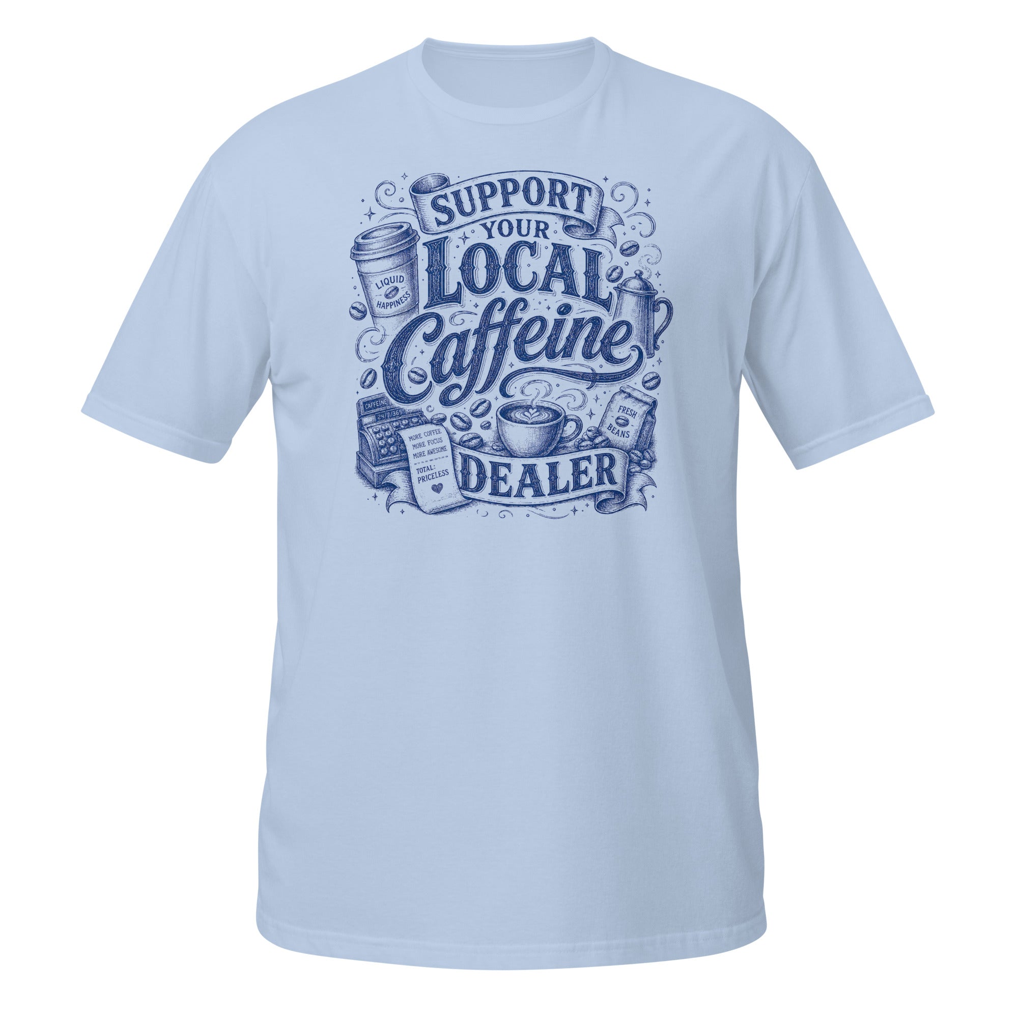Local Coffee Dealer Tee - Sketchline Tees blue ink doodle T-shirt