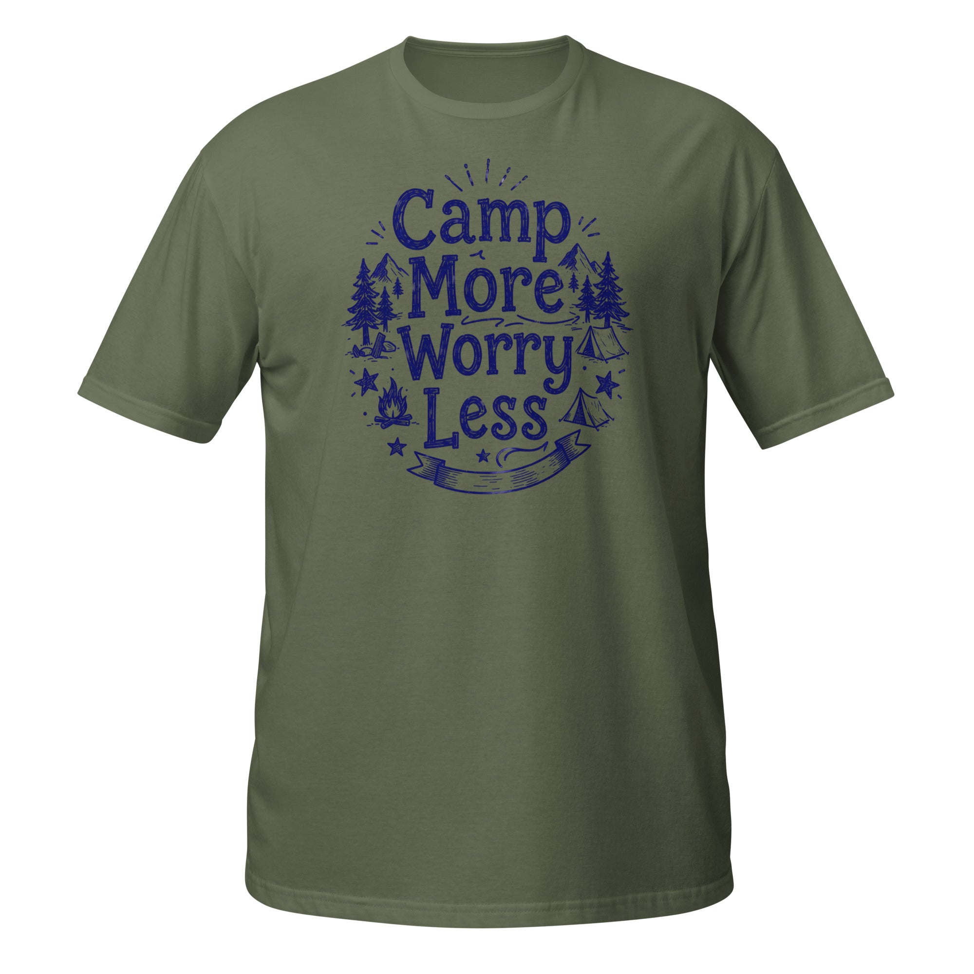 Camp More, Worry Less Tee - Sketchline Tees blue ink doodle T-shirt