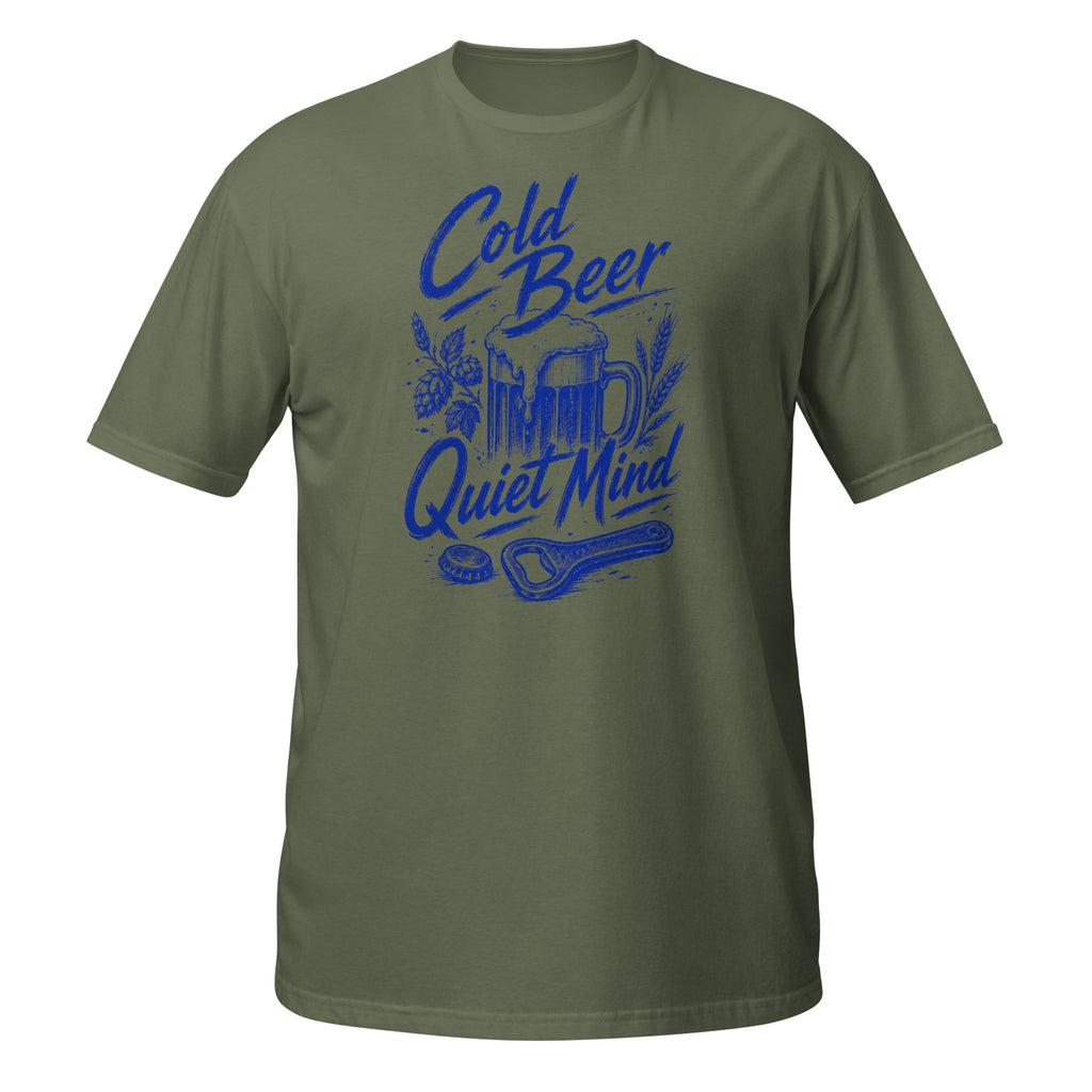 Cold Beer, Quiet Mind Tee - Sketchline Tees blue ink doodle T-shirt