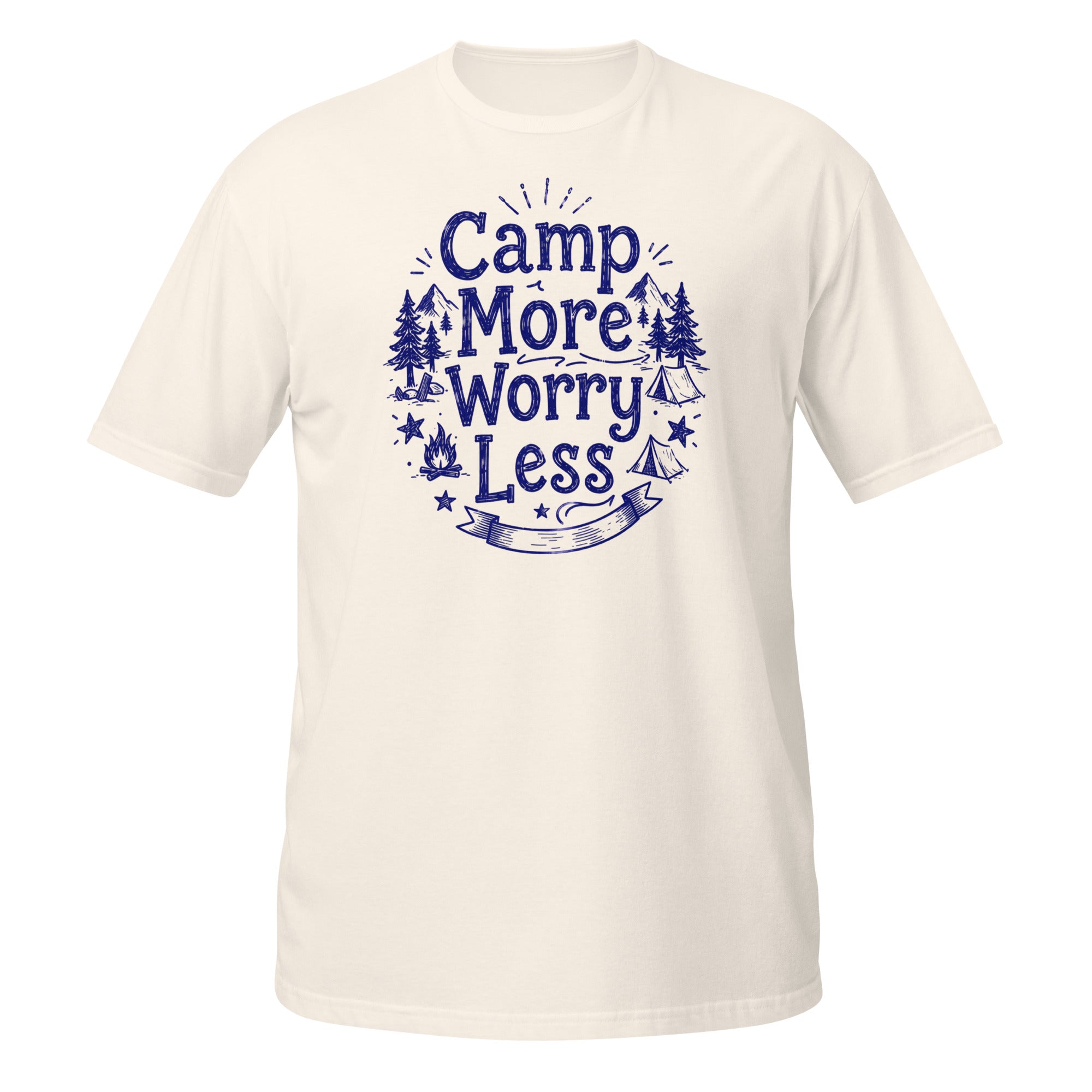 Camp More, Worry Less Tee - Sketchline Tees blue ink doodle T-shirt