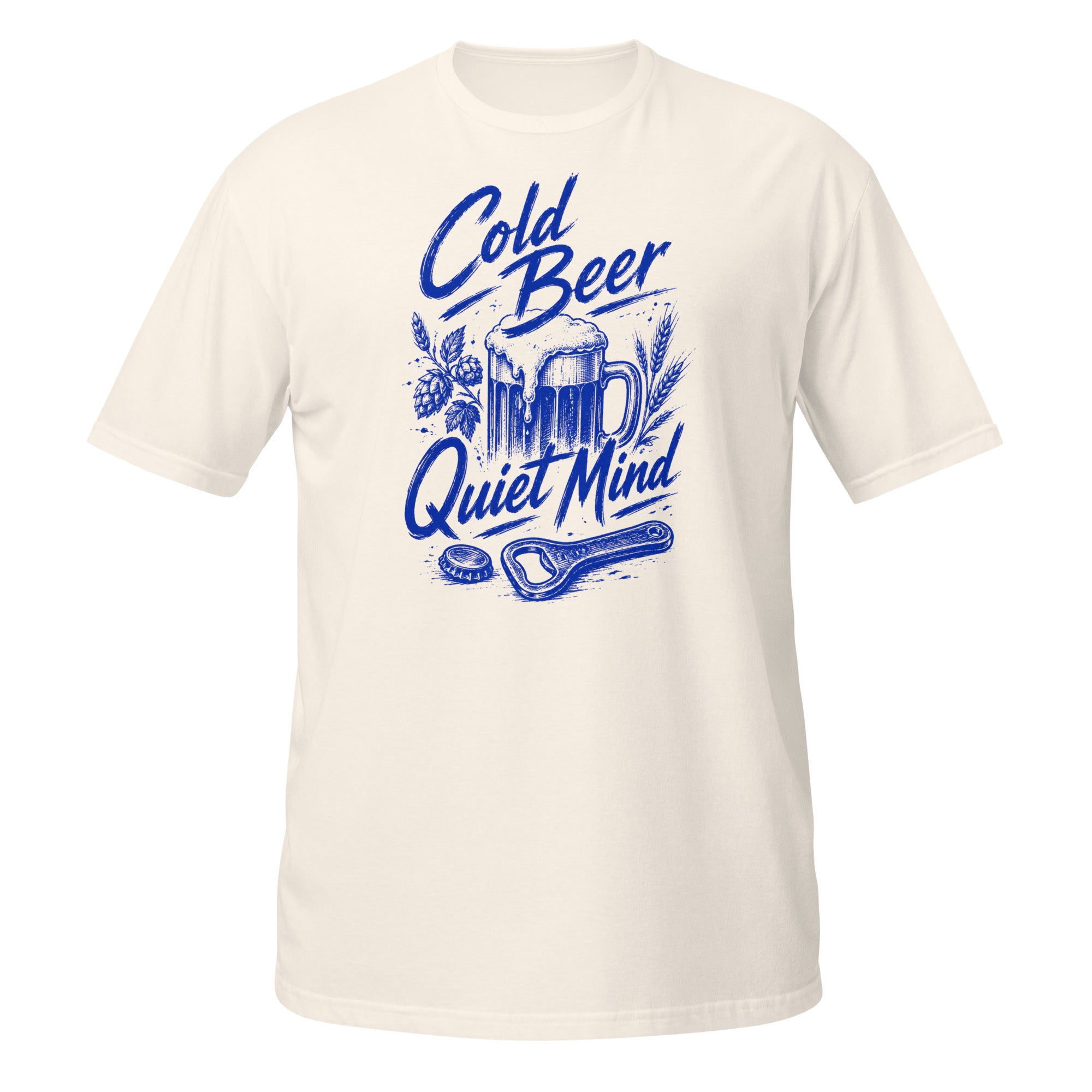 Cold Beer, Quiet Mind Tee - Sketchline Tees blue ink doodle T-shirt
