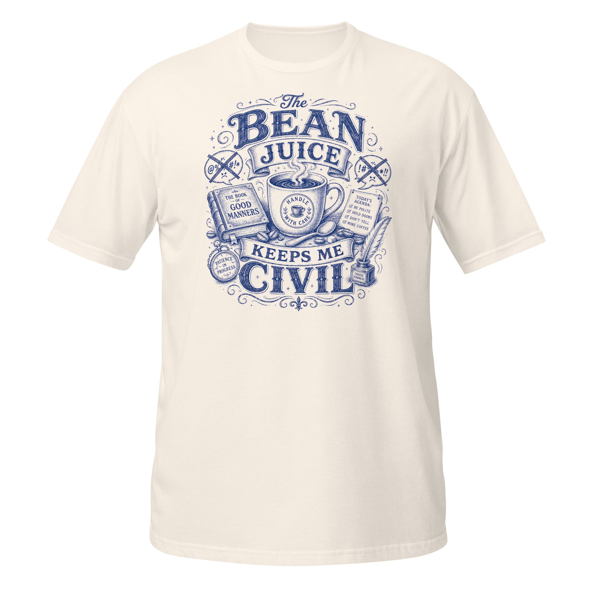 The Bean Juice Keeps Me Civil Tee - Sketchline Tees blue ink doodle T-shirt
