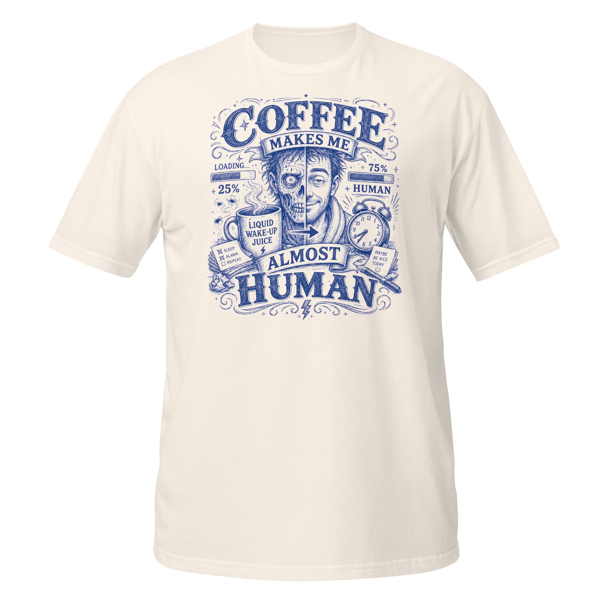 Coffee Makes Me Almost Human Tee - Sketchline Tees blue ink doodle T-shirt