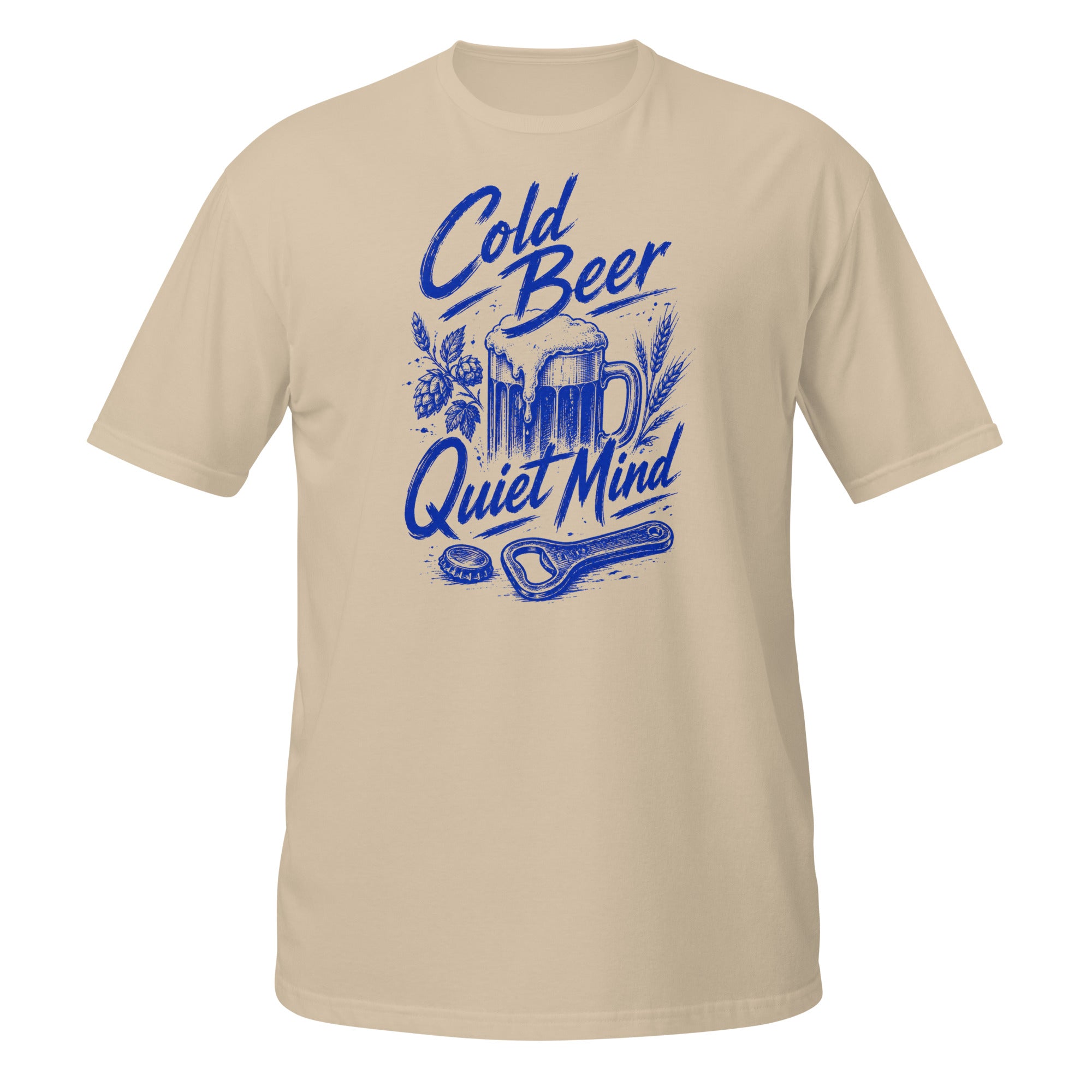 Cold Beer, Quiet Mind Tee - Sketchline Tees blue ink doodle T-shirt