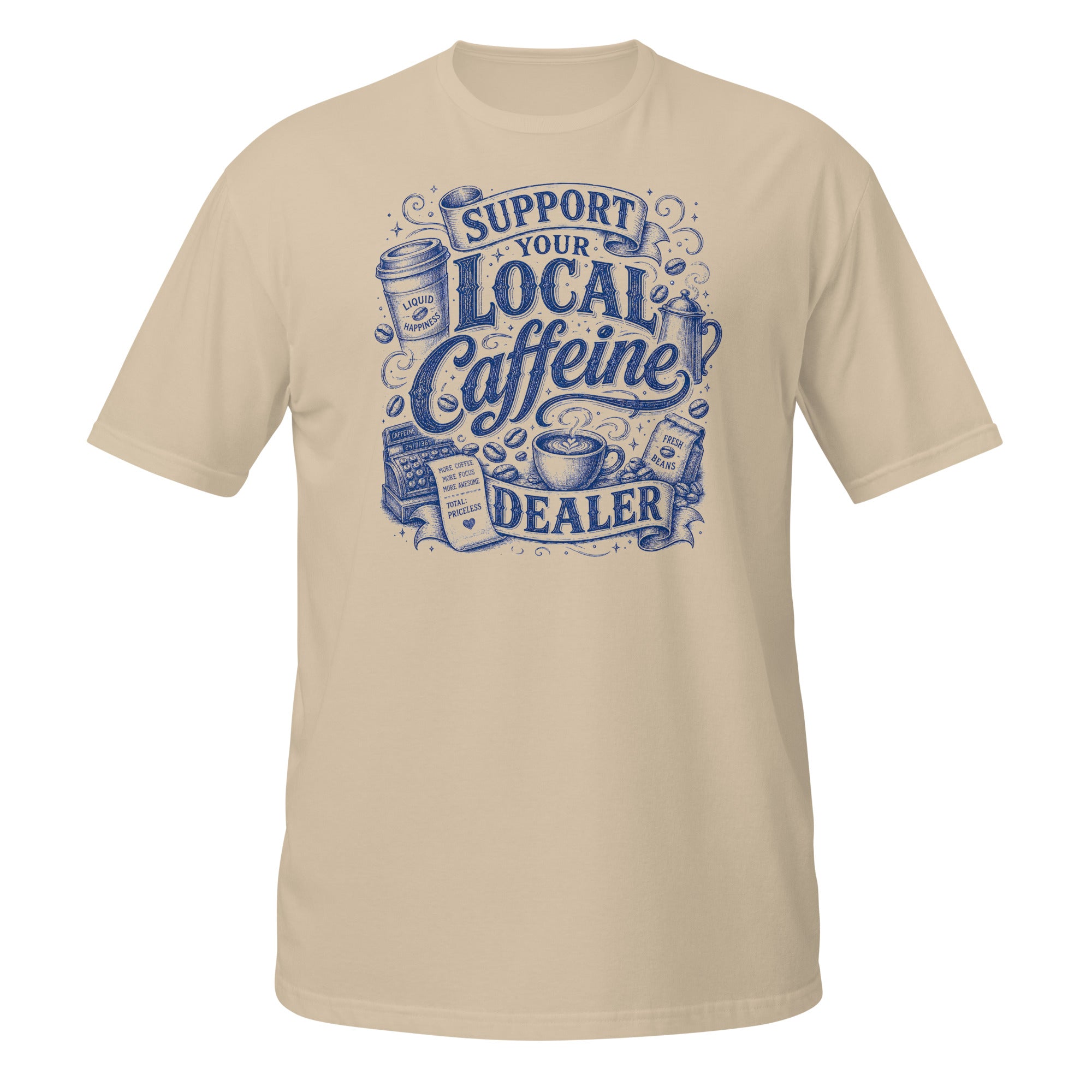 Local Coffee Dealer Tee - Sketchline Tees blue ink doodle T-shirt