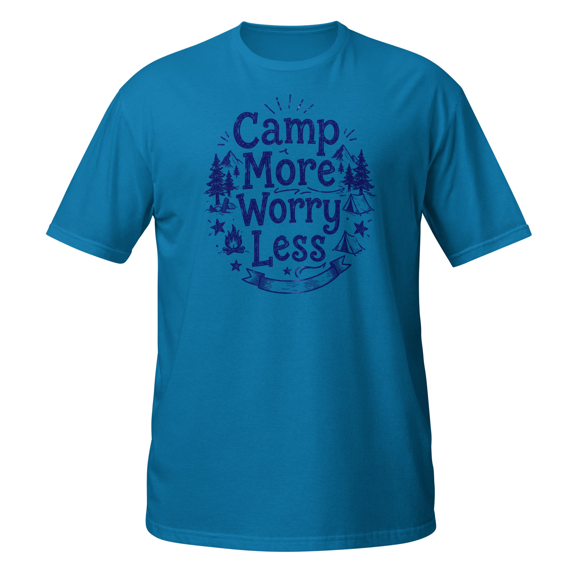 Camp More, Worry Less Tee - Sketchline Tees blue ink doodle T-shirt