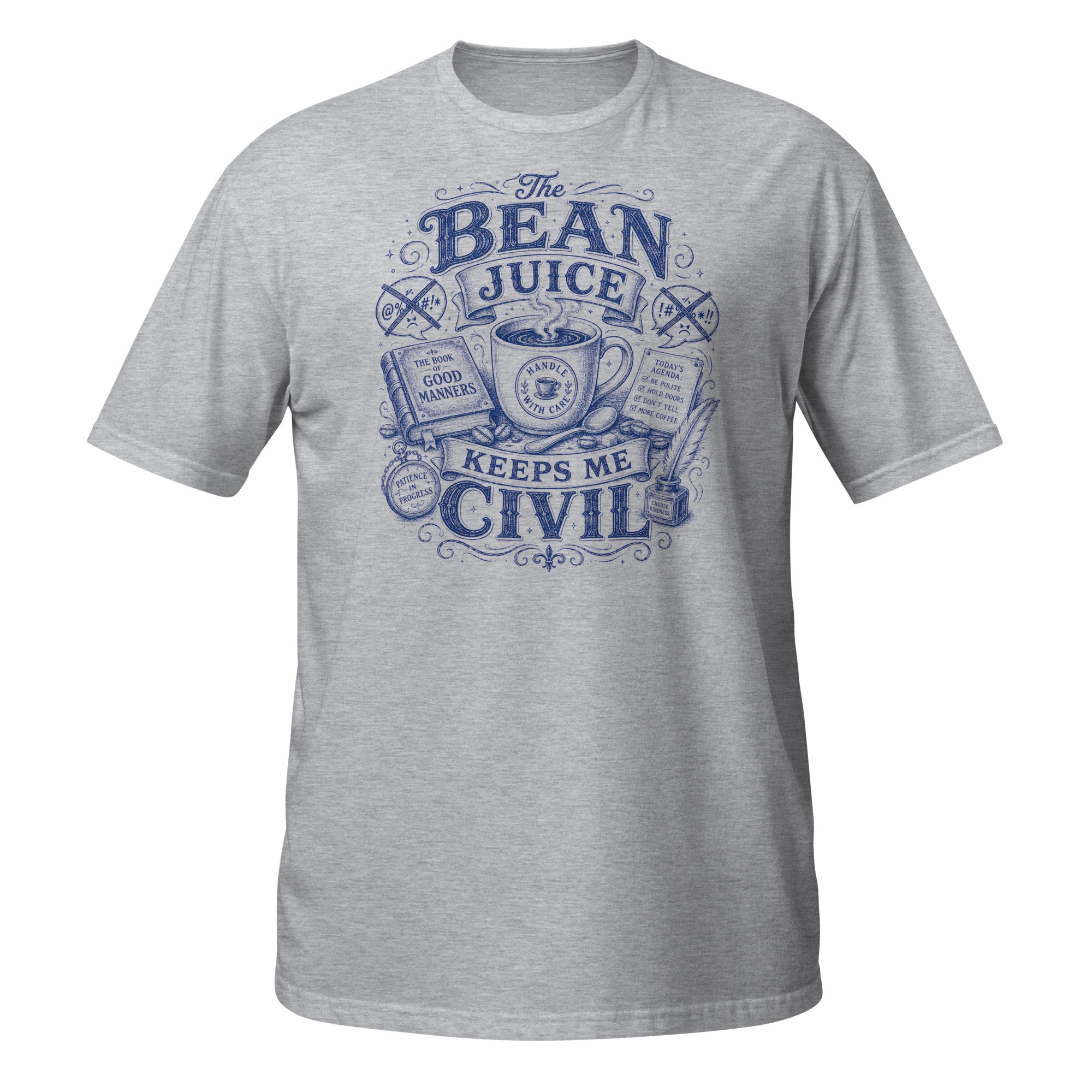 The Bean Juice Keeps Me Civil Tee - Sketchline Tees blue ink doodle T-shirt