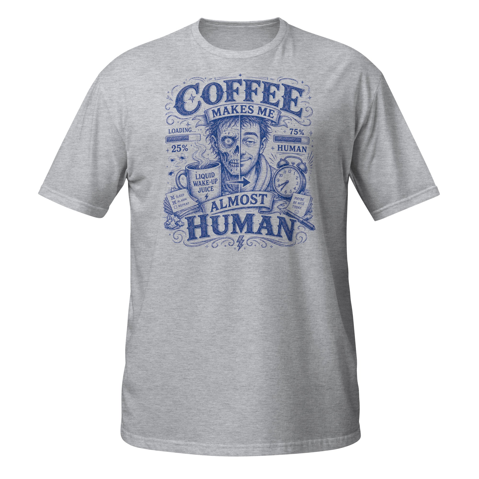 Coffee Makes Me Almost Human Tee - Sketchline Tees blue ink doodle T-shirt