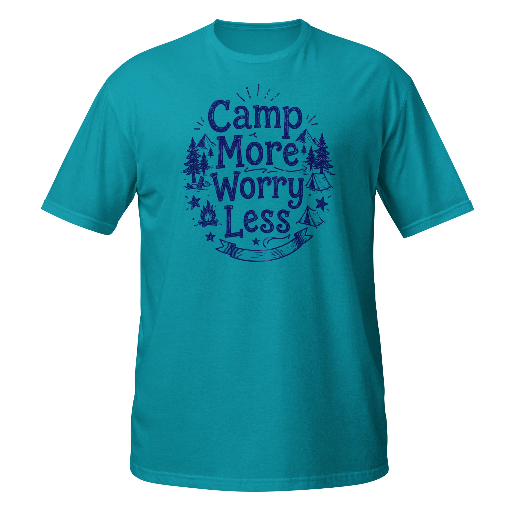Camp More, Worry Less Tee - Sketchline Tees blue ink doodle T-shirt