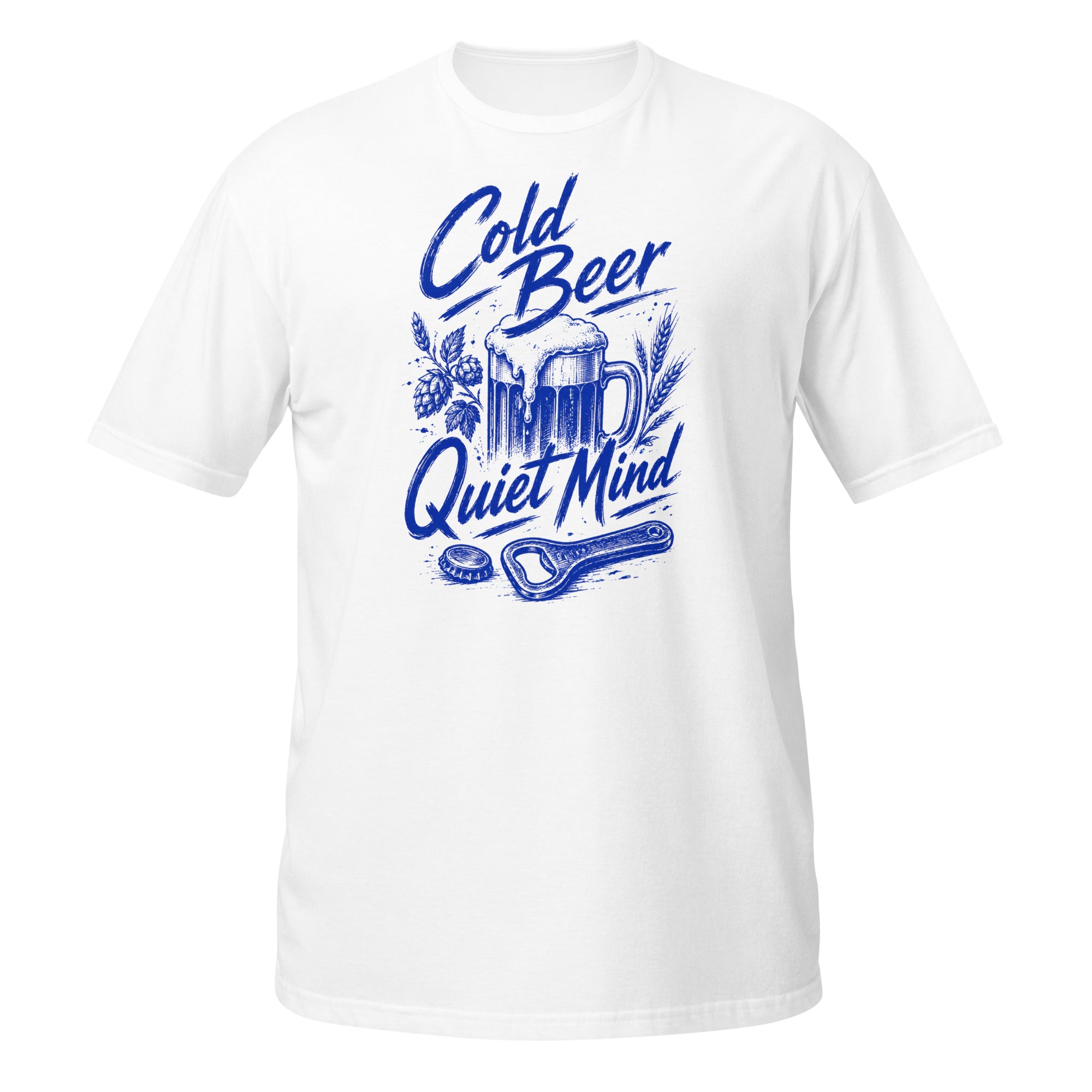 Cold Beer, Quiet Mind Tee - Sketchline Tees blue ink doodle T-shirt