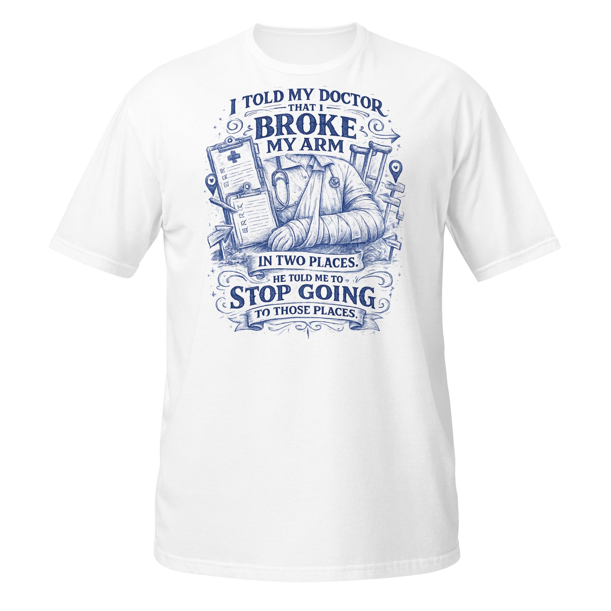 Broken Arm in Two Places Tee - Sketchline Tees blue ink doodle T-shirt