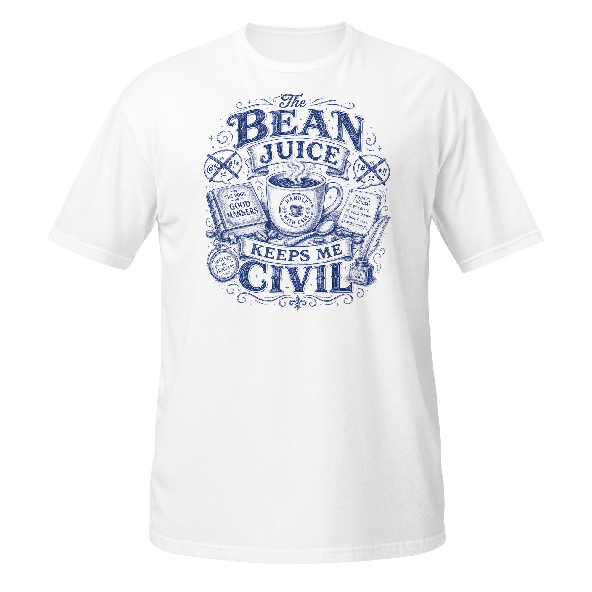 The Bean Juice Keeps Me Civil Tee - Sketchline Tees blue ink doodle T-shirt