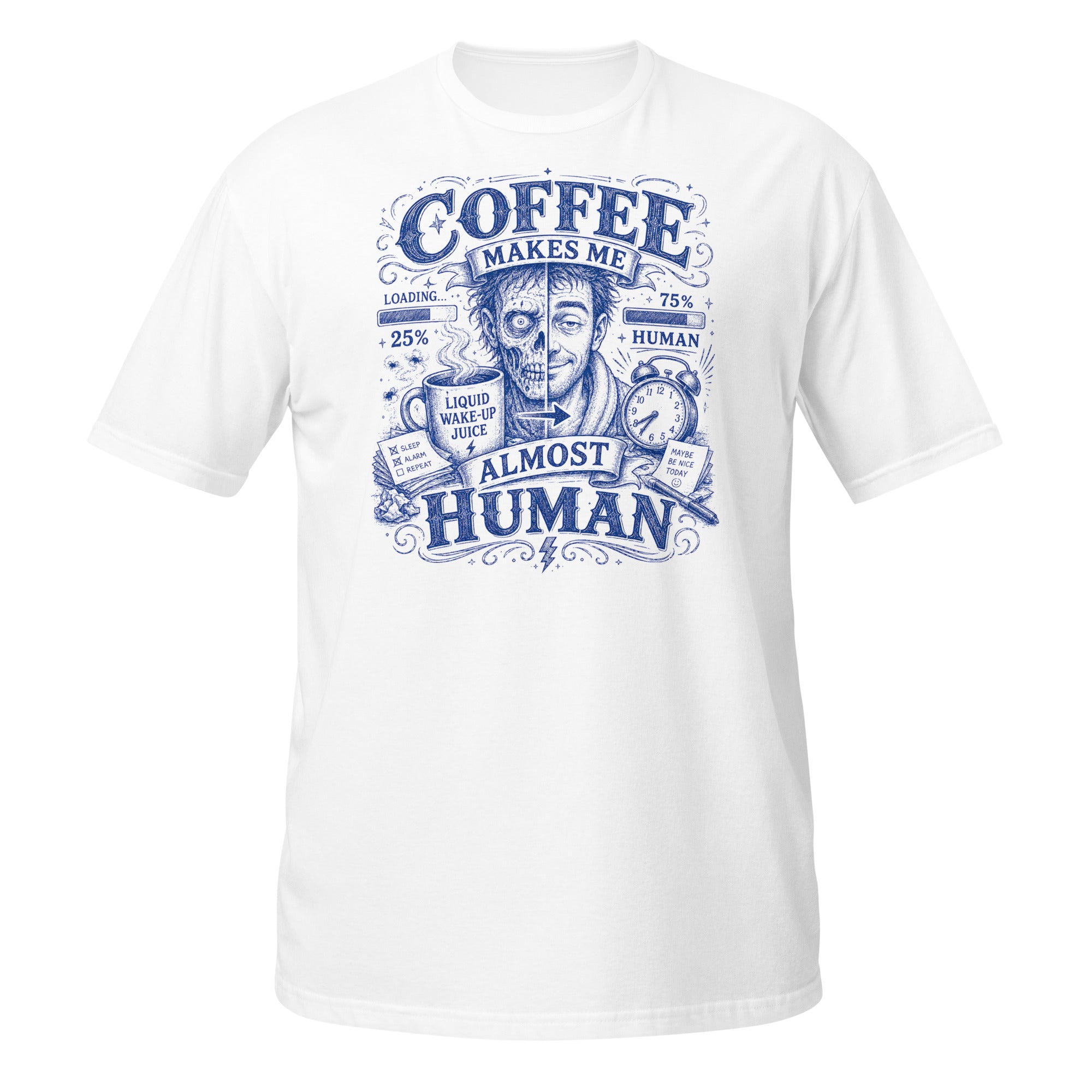 Coffee Makes Me Almost Human Tee - Sketchline Tees blue ink doodle T-shirt