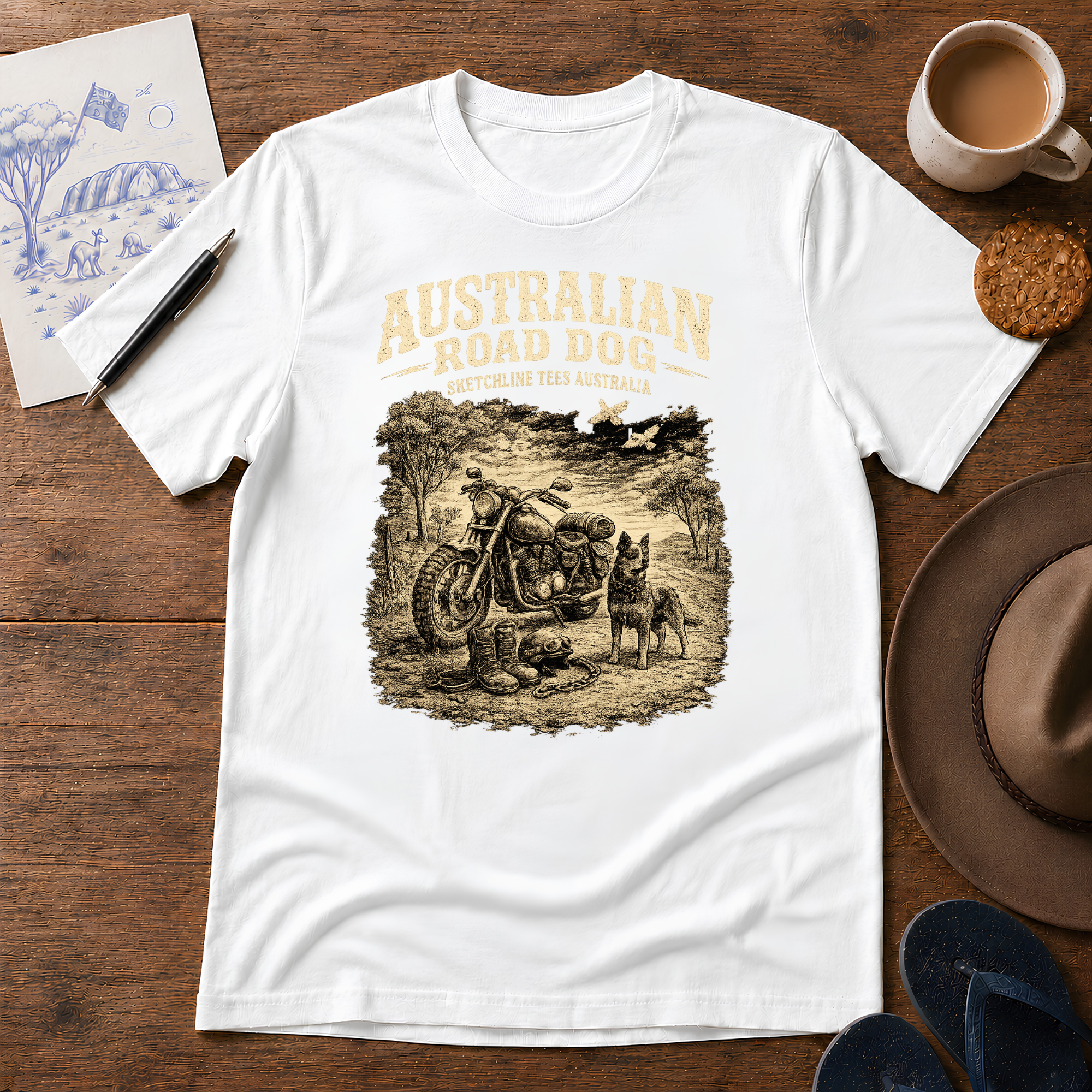 Australian Road Dog Tee by Sketchline Tees - Aussie road trip graphic T-shirt
