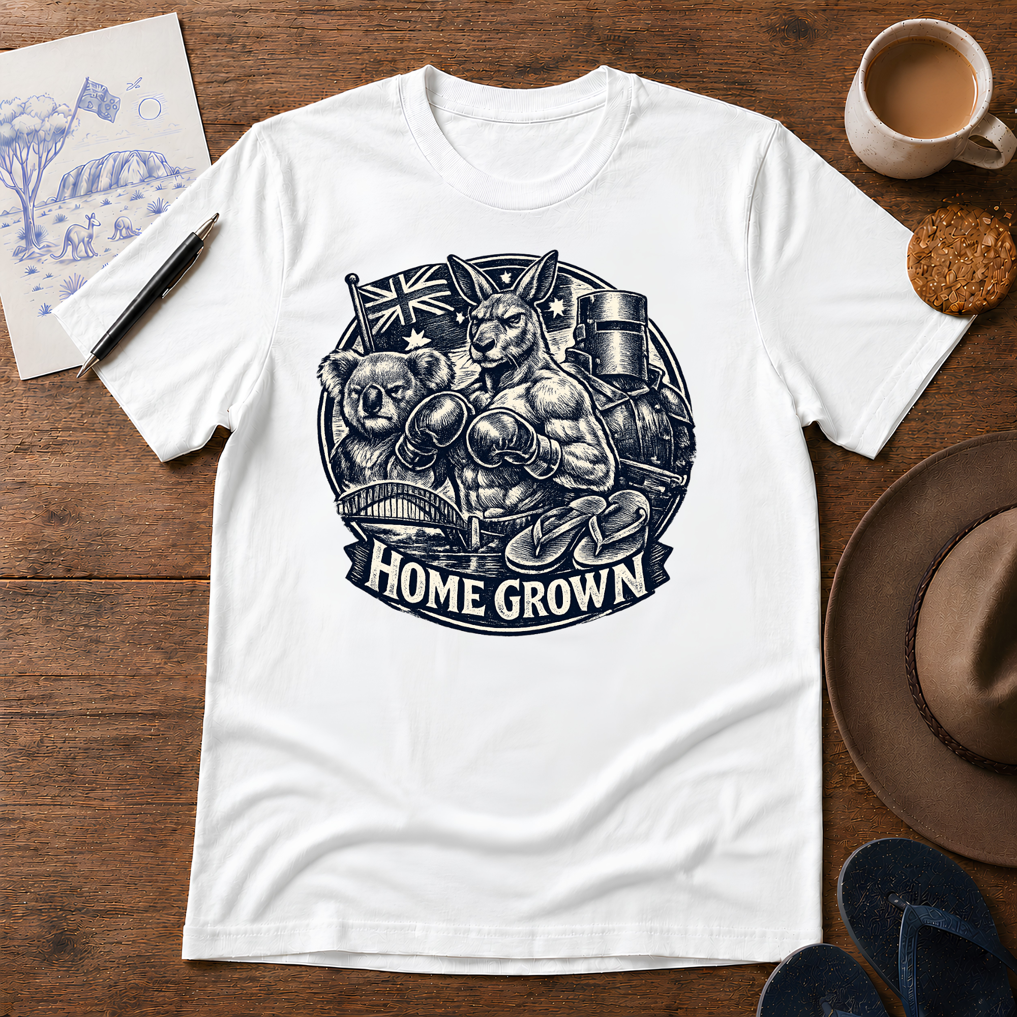 Home Grown Australian ink-sketch T-shirt in White