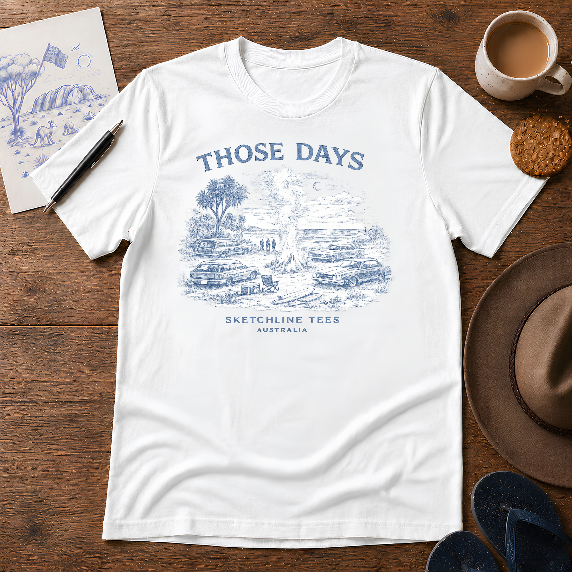 Those Days Australian classic-car campfire ink-sketch T-shirt in White