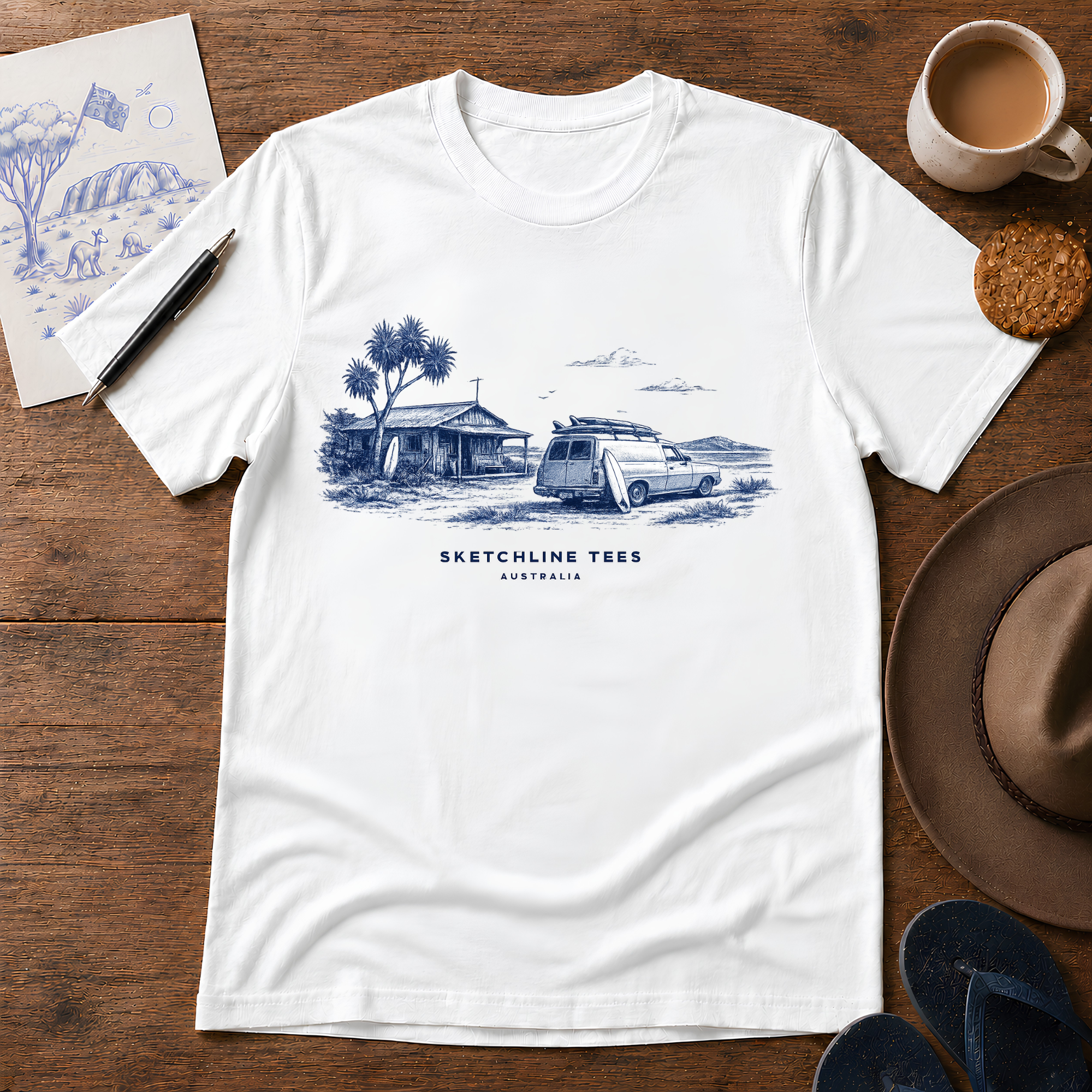 The Old Beach Shack Tee by Sketchline Tees - Australian coastal beach shack graphic T-shirt