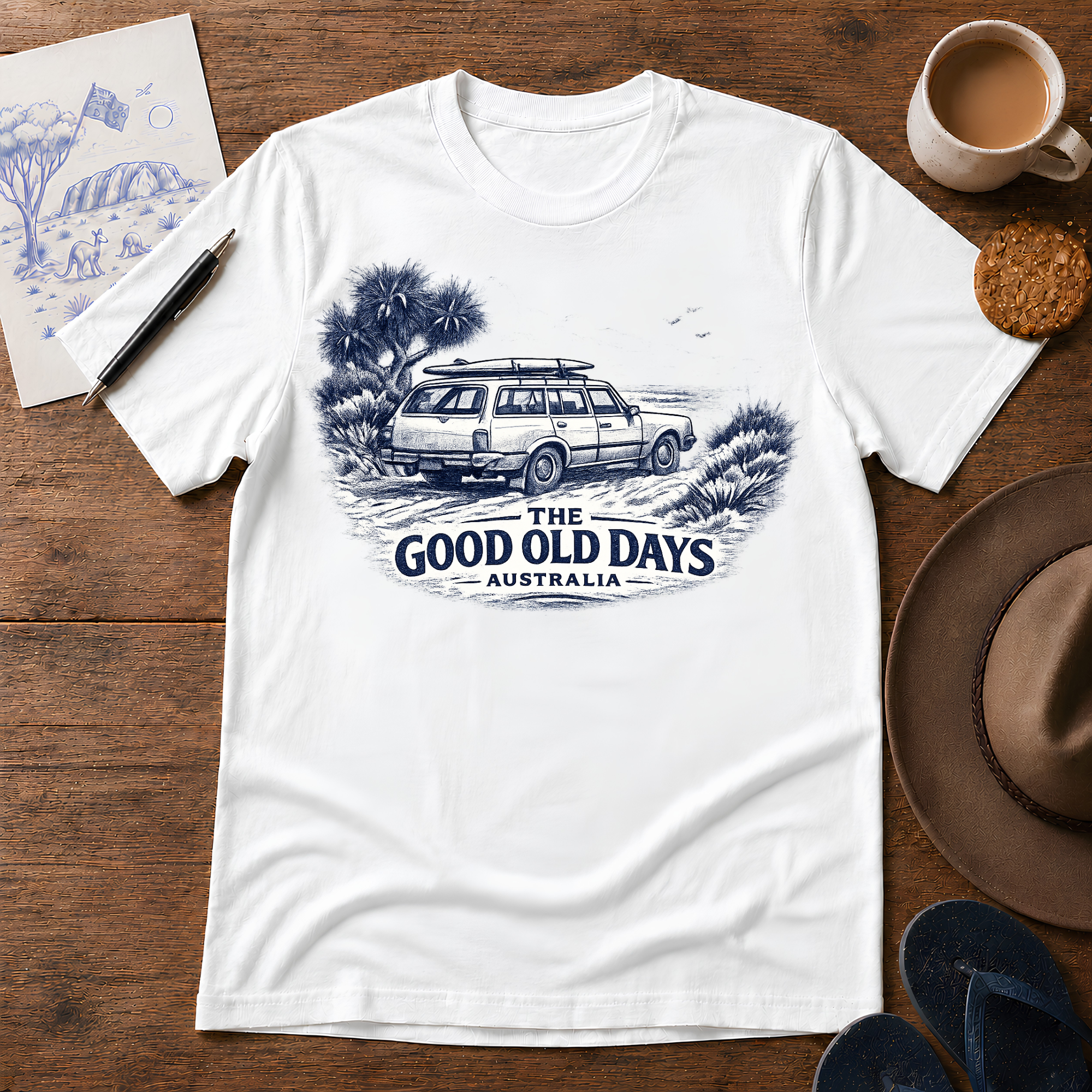The Good Old Days Australian classic-car ink-sketch T-shirt in White