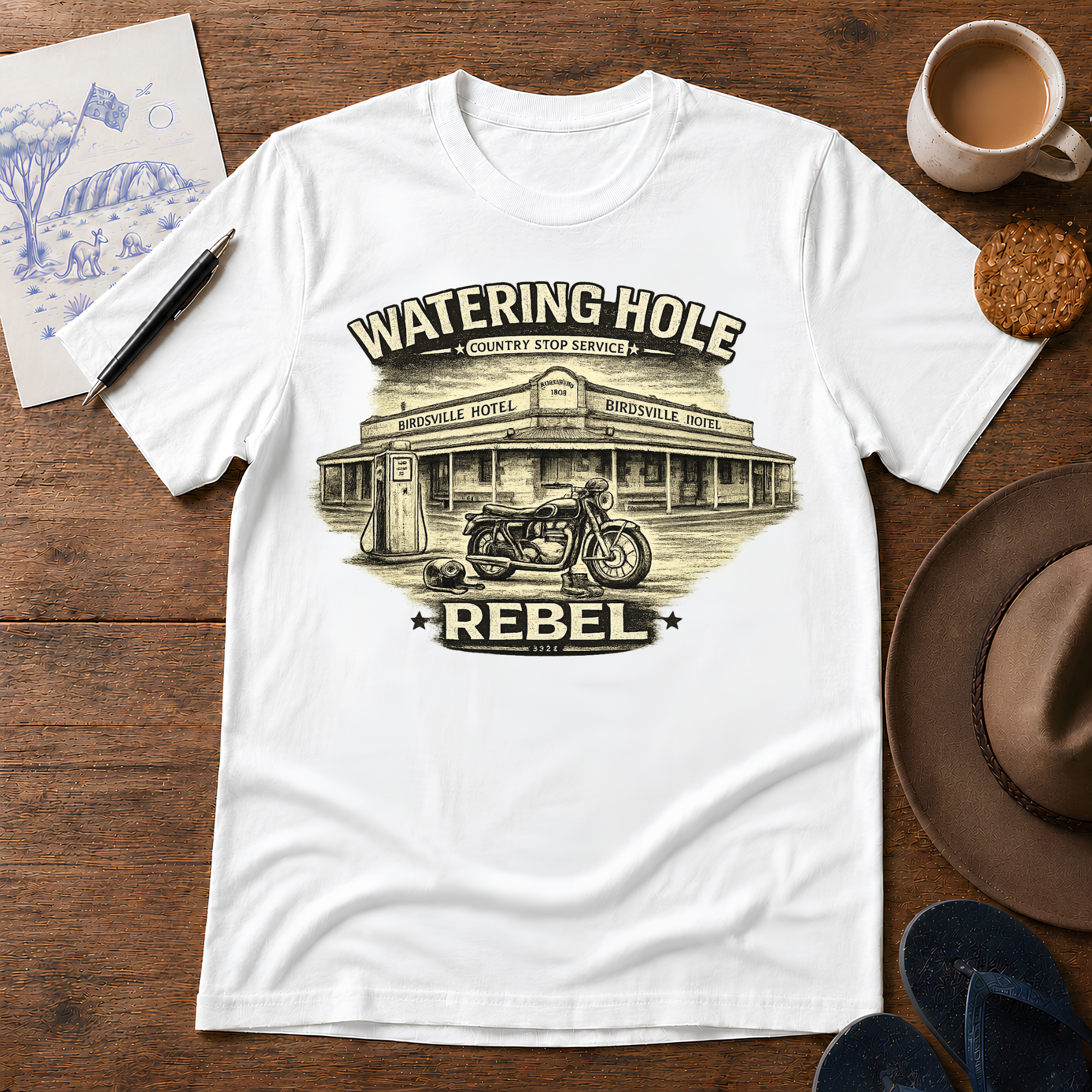 Watering Hole Tee in white – Australian outback graphic T-shirt